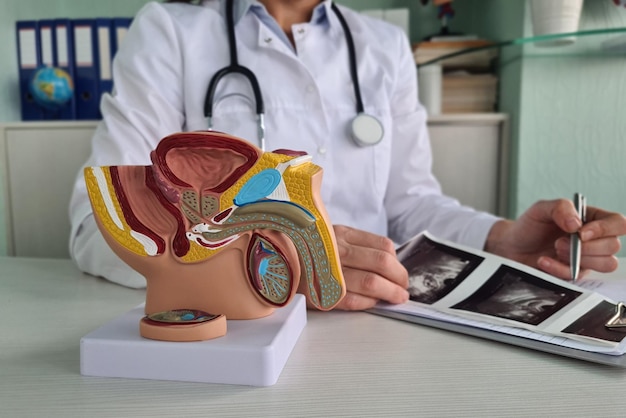 A doctor with a stethoscope around their neck sits at a desk. In the foreground is a detailed anatomical model of the male reproductive and urinary system, including the bladder, prostate, urethra, penis, and testes.