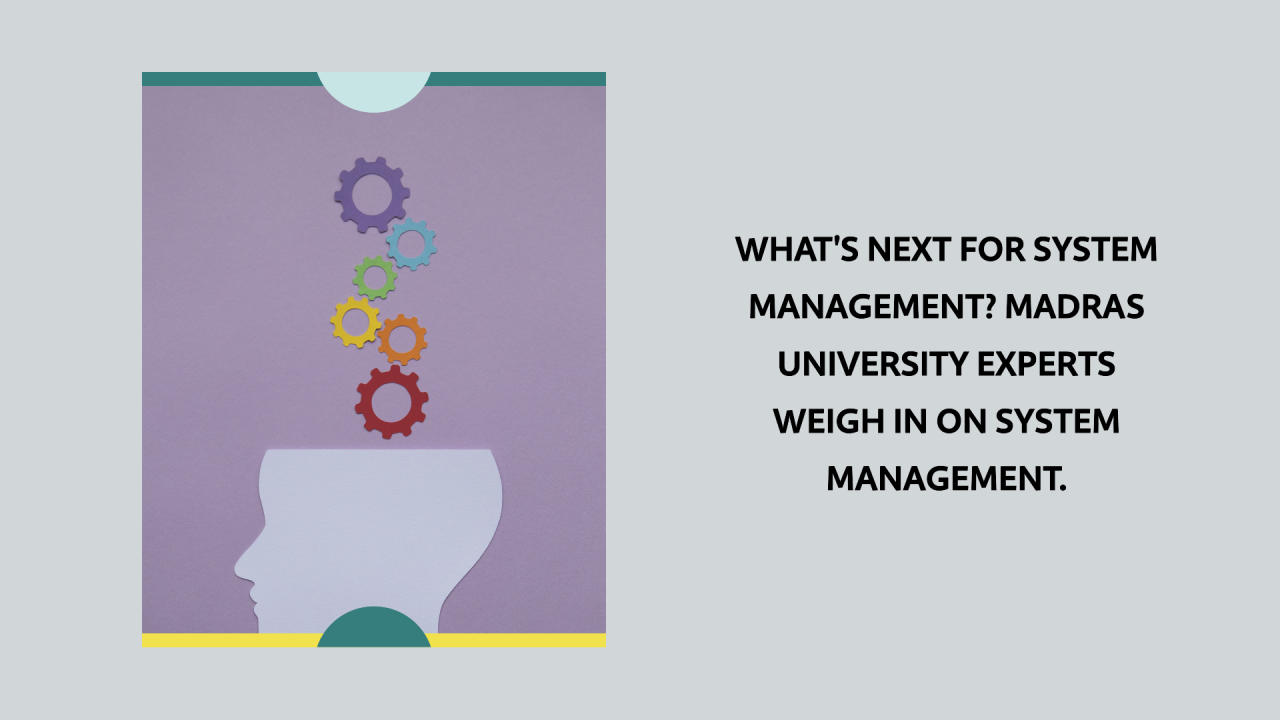 Illustration of colorful gears emerging from a human head silhouette, representing thoughts or ideas related to system management.