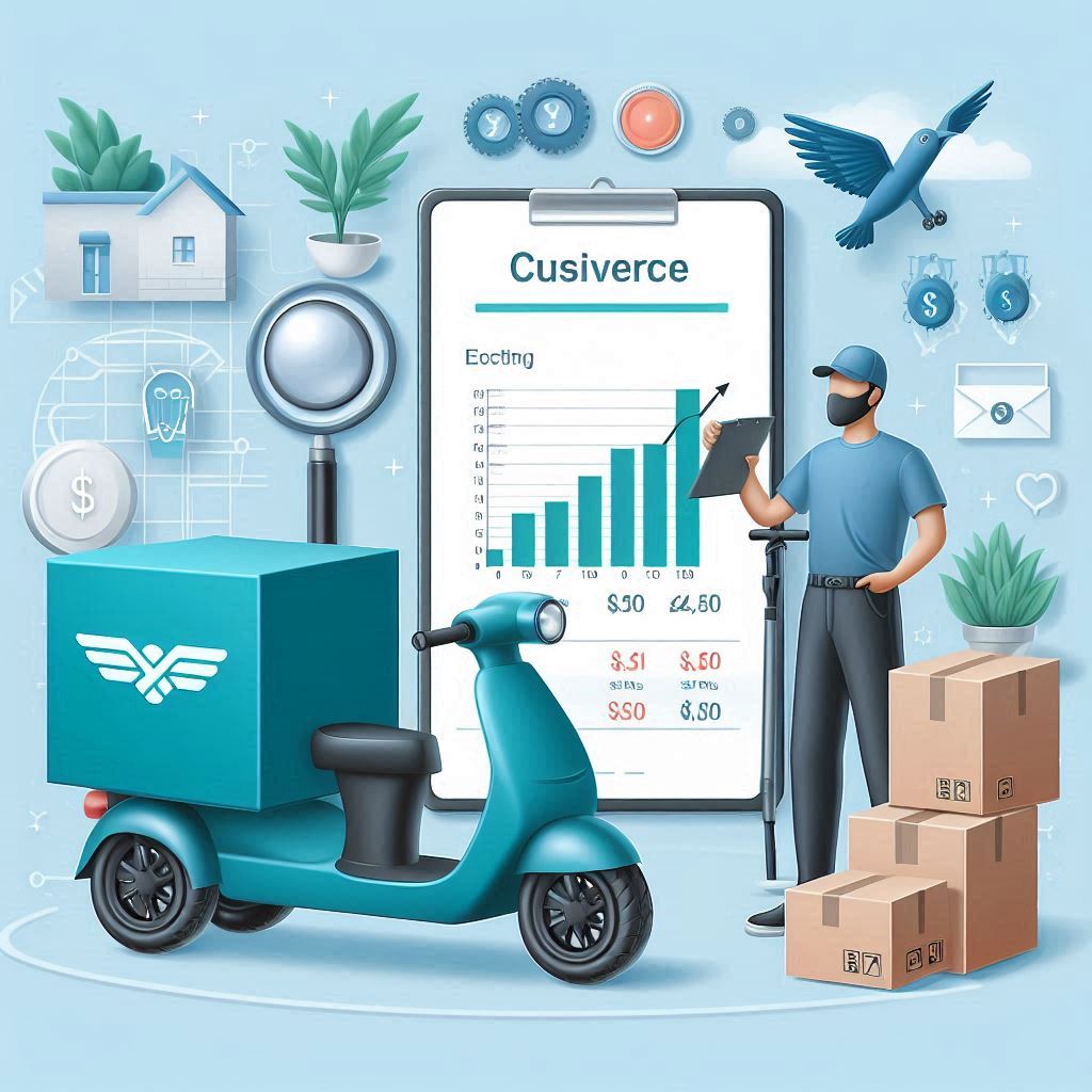 Alt text: A digital illustration showcasing elements of e-commerce including data analytics on a smartphone screen managed by an individual next to an electric delivery scooter surrounded by packages; all set against symbolic representations of homes, mechanical gears, financial icons, cloud computing elements with soft blue tones conveying technology in commerce. This image is the cover image of diplos - the best electric scooter -blog