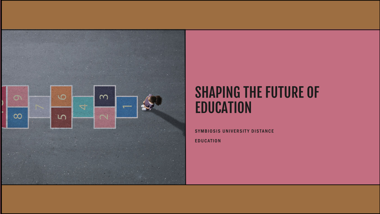 A child playing hopscotch alone on a colorful playground, with the text 'Shaping the Future of Education' and 'Symbiosis University Distance Education' on the side