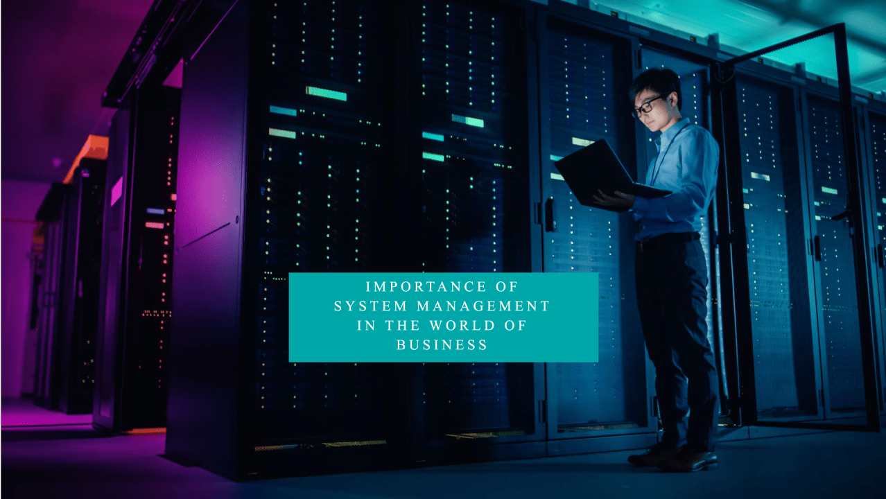 A business professional working on a laptop in a server room, emphasizing the importance of system management in business operations.