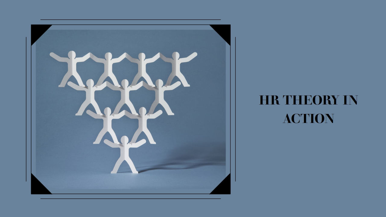 A paper sculpture featuring interconnected human figures in white, forming a tree-like structure, displayed against a blue background with the text “HR THEORY IN ACTION” on the right side.