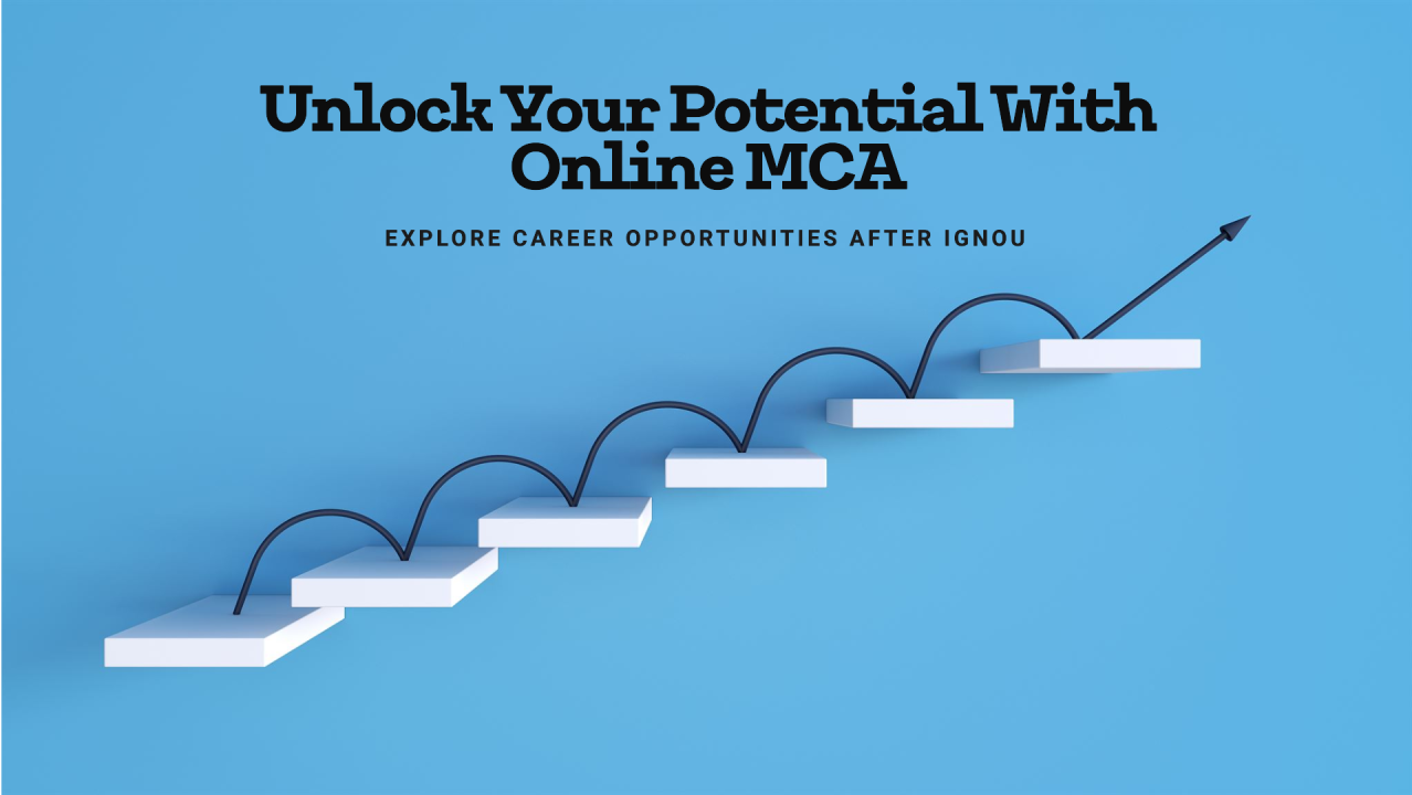 Steps leading upwards with an arrow symbolizing career growth, with text ‘Unlock Your Potential With Online MCA’ and ‘Explore Career Opportunities After IGNOU