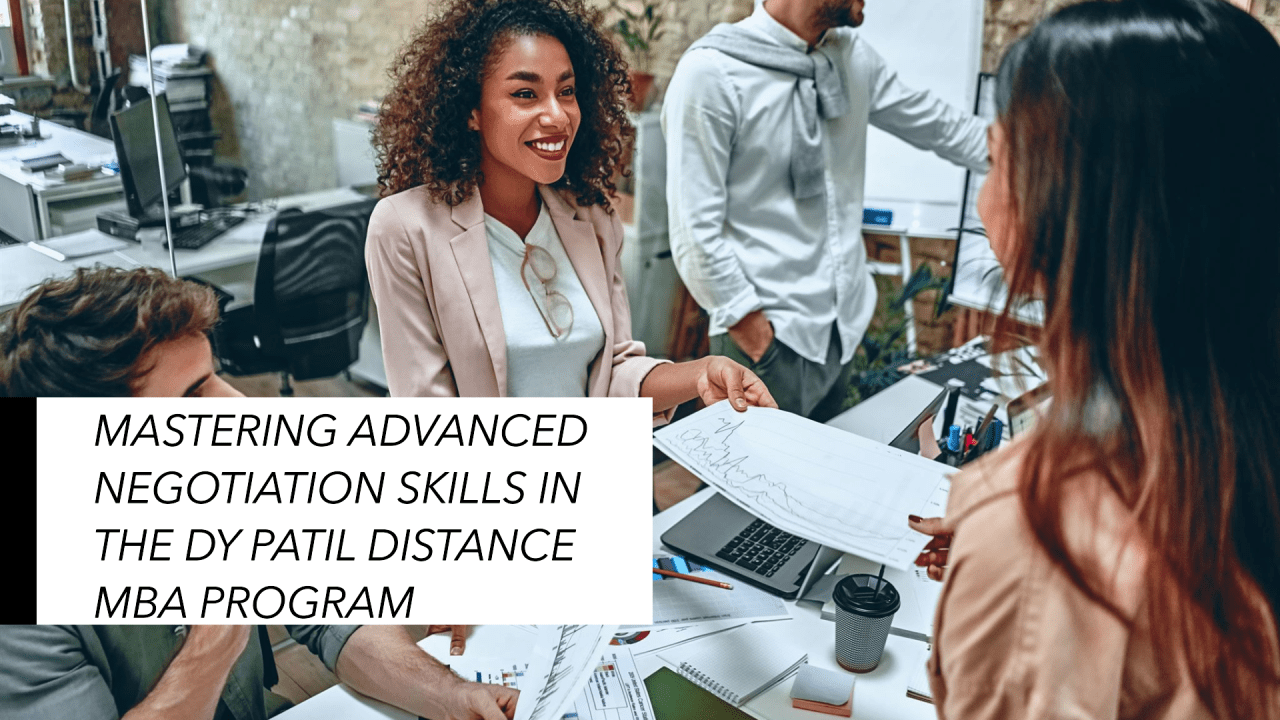 A group of professionals engaged in a discussion around a table with documents, indicating a collaborative learning environment, with text overlay stating “Mastering Advanced Negotiation Skills in the DY Patil Distance MBA Program.