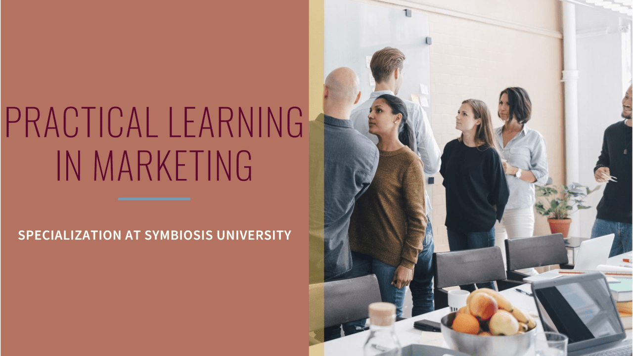 Group of individuals in a meeting room with text promoting practical learning in marketing at Symbiosis University.