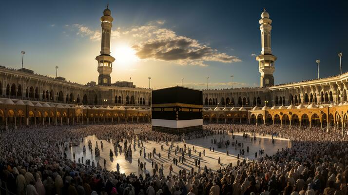 Pilgrims performing Tawaf al-Wada around the Kaaba in Makkah, concluding their pilgrimage