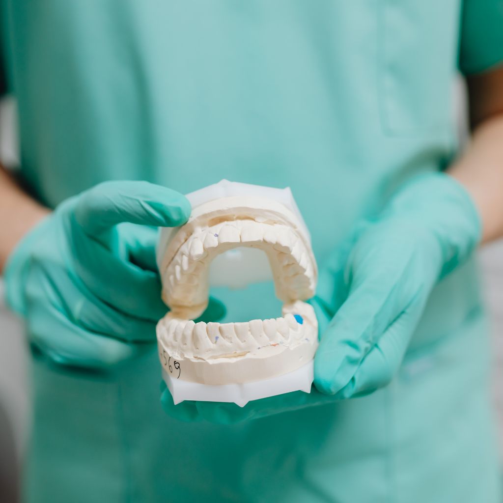 A person wearing green scrubs and gloves is holding a dental model showing an upper and lower set of teeth, which could be used to explain denture fittings.