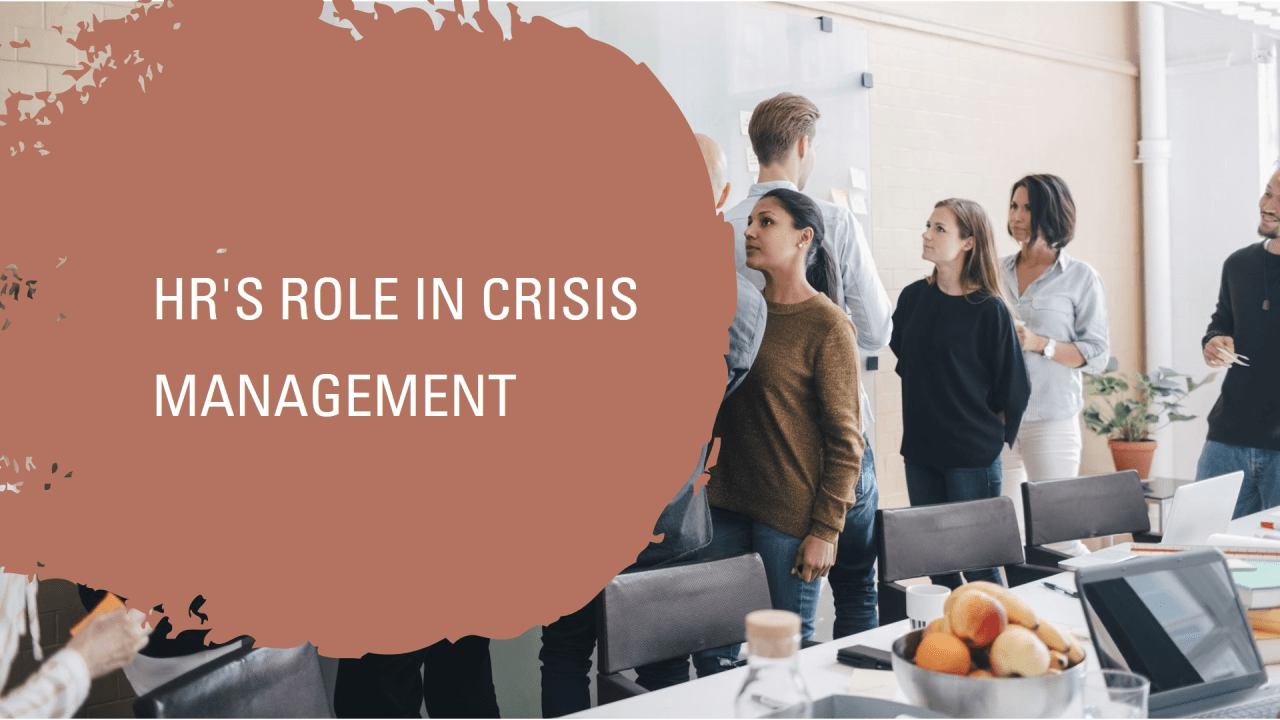 “A professional setting with individuals in a meeting, featuring a presentation slide titled ‘HR’s Role in Crisis Management’.