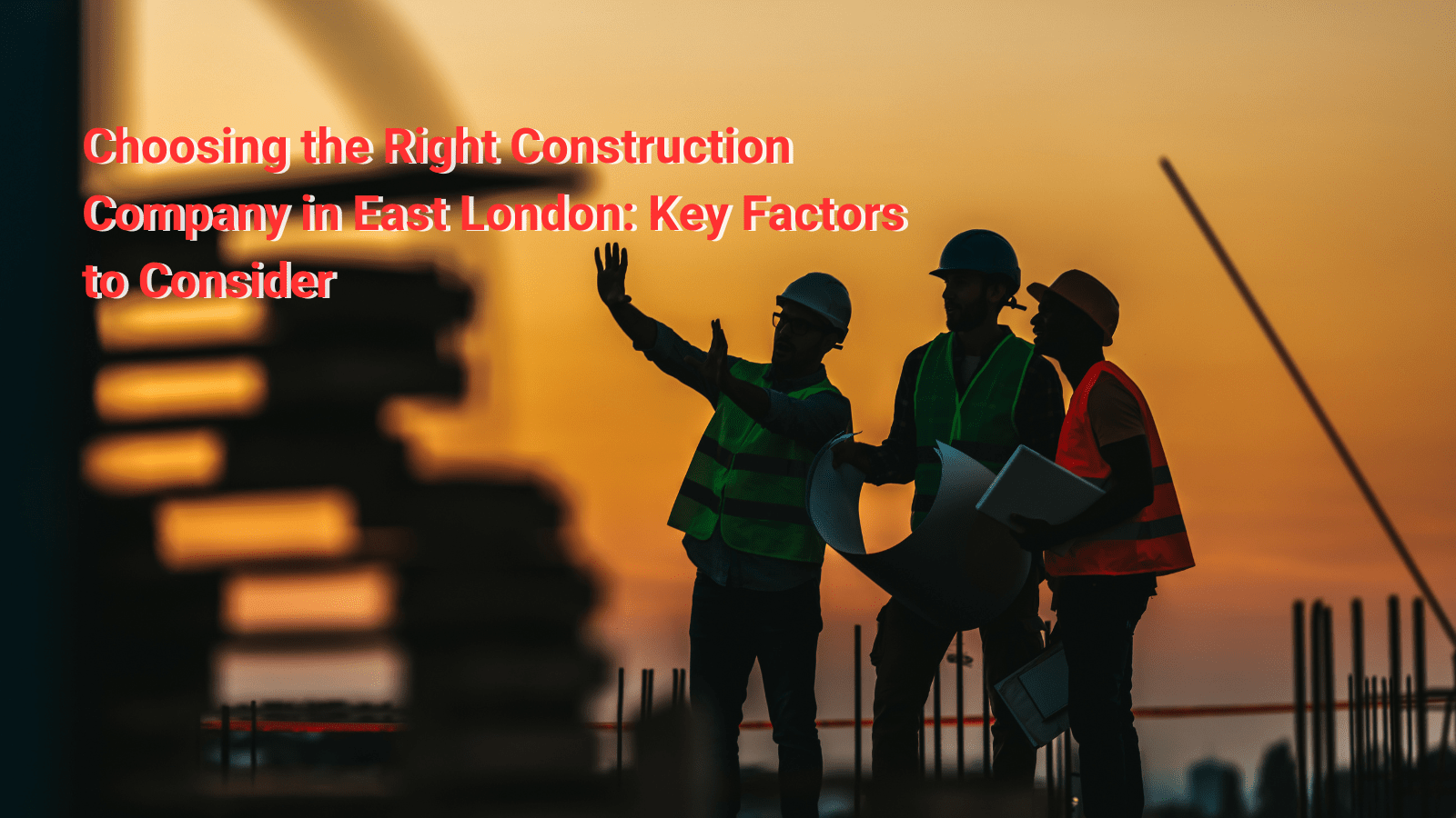 The image depicts three construction workers wearing safety vests and helmets, standing at a construction site during sunset. One of the workers is pointing towards something in the distance, possibly directing or discussing the progress of the project with the others. The workers appear to be reviewing plans or documents. The text overlaid on the image reads, "Choosing the Right Construction Company in East London: Key Factors to Consider." The image suggests a focus on important considerations when selecting a construction company, highlighting the expertise and collaboration involved in construction projects.