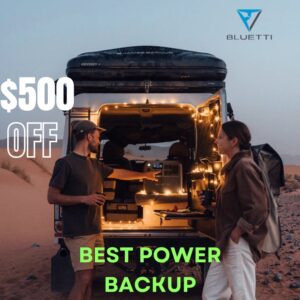 BLUETTI EB3A Portable Solar Power Station with $90 discount, showcasing its compact design, multiple outputs, and solar panel compatibility, ideal for camping, outdoor adventures, and off-grid living