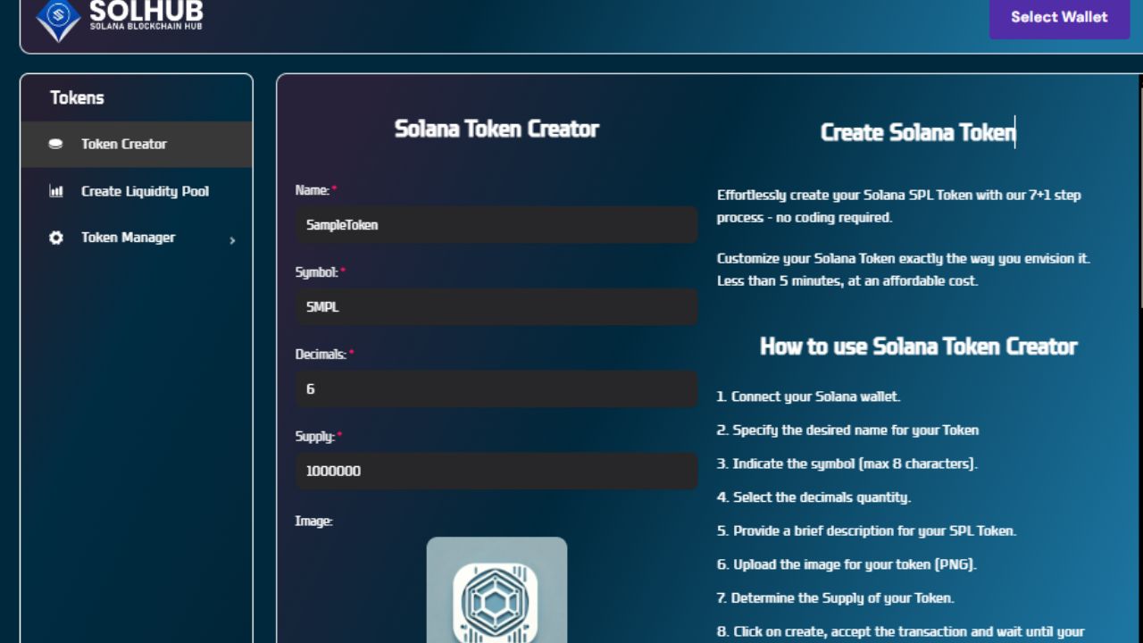 Steps for creating a Solana token on Solhub, showing actions like wallet connection, token details entry, and supply setup.