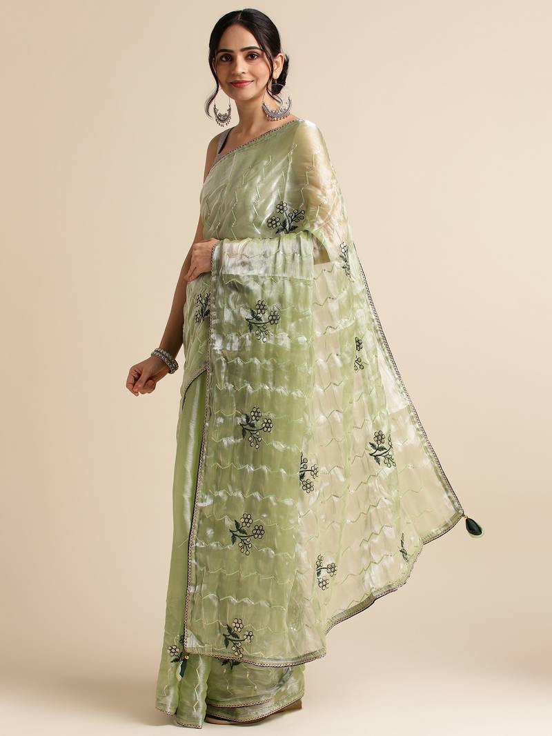 Green embellished organza designer party wear saree