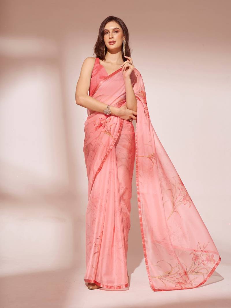 Peach floral printed organza saree
