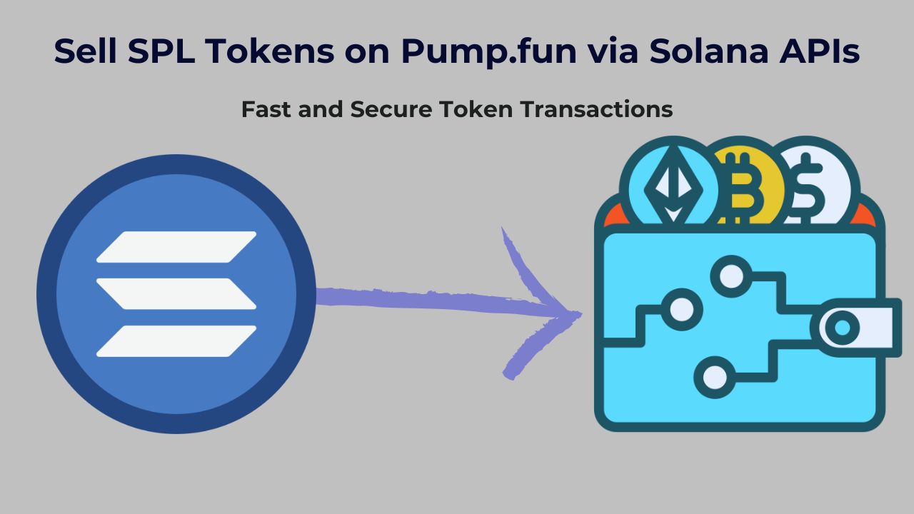 Image of selling SPL tokens on Pump.fun via Solana APIs showing a Solana logo connected to a digital wallet with various tokens.