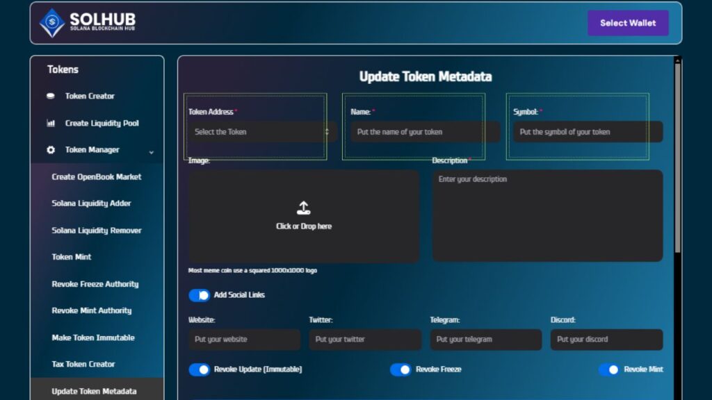 Solhub.io interface displays fields for updating Solana token metadata including token address, name, symbol, description, and logo upload options.