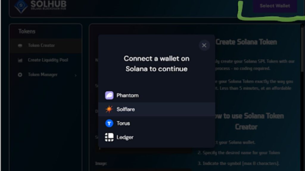 SolHub wallet connection options for Solana token creation