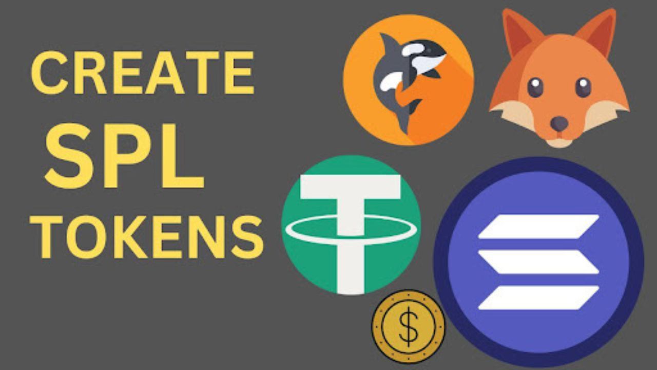 Logos representing various cryptocurrencies and decentralized platforms alongside the text 'Create SPL Tokens' on a gray background.