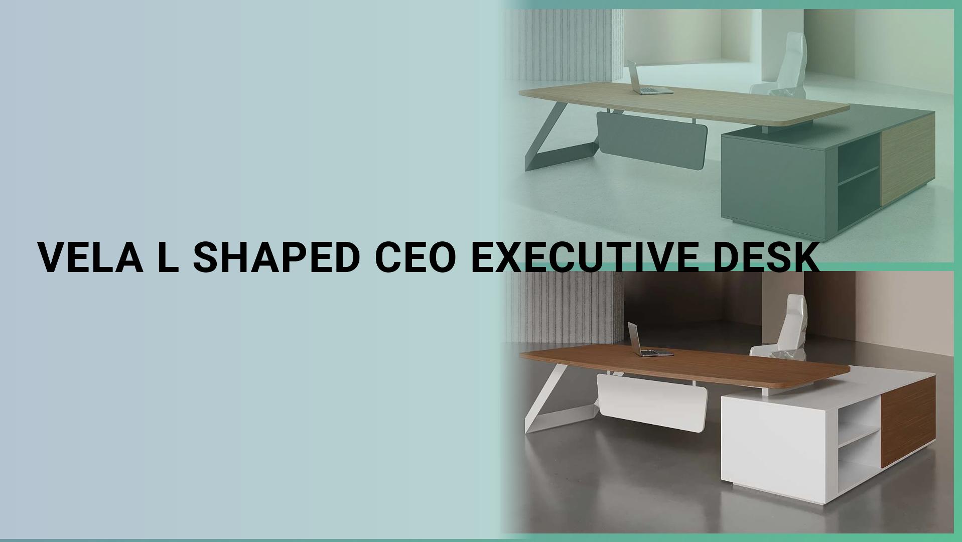 Vela L Shaped CEO Executive Desk White with lockable drawers and cable management in a modern office setting.