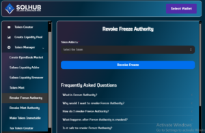 Screenshot of SolHub's Revoke Freeze Authority interface showing the token selection and revoke freeze button on Solana's blockchain.