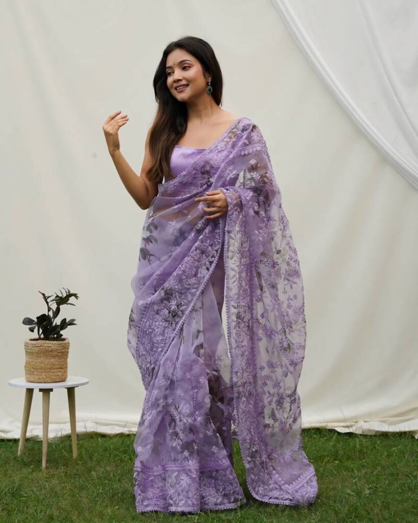 organza silk embroidery&chikankari work saree