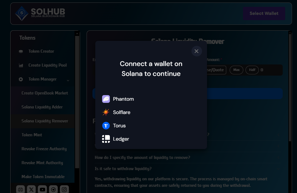 Wallet connection options for Solana on Solhub platform, including Phantom, Solflare, Torus, and Ledger.