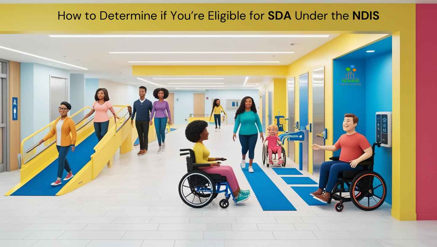 Inclusive facility with ramps and wheelchair users, highlighting NDIS-supported Specialist Disability Accommodation.