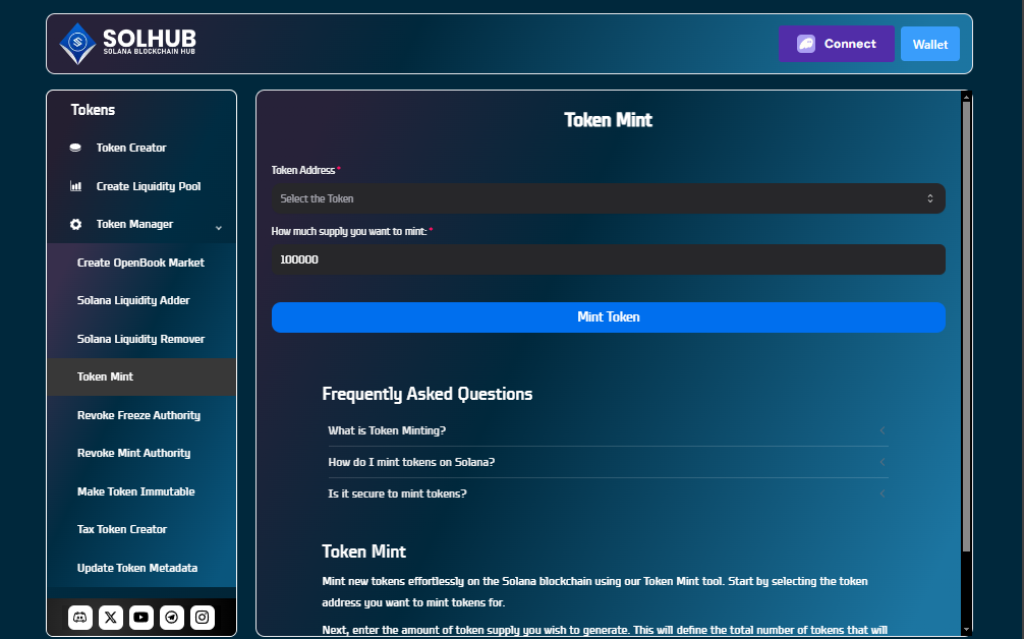 SolHub's Token Mint page with options to select token address, enter supply, and mint tokens.