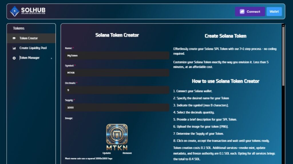 Solhub Token Creator interface showcasing the steps for creating a Solana SPL token.