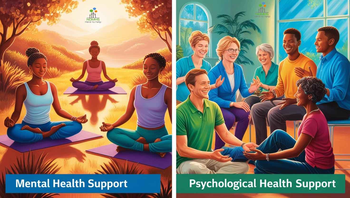 A split image comparing two types of support. The left side shows women meditating outdoors in a serene, sunlit field labeled Mental Health Support. The right side depicts a group of diverse individuals engaging in a supportive discussion indoors labeled Psychosocial Health Support.