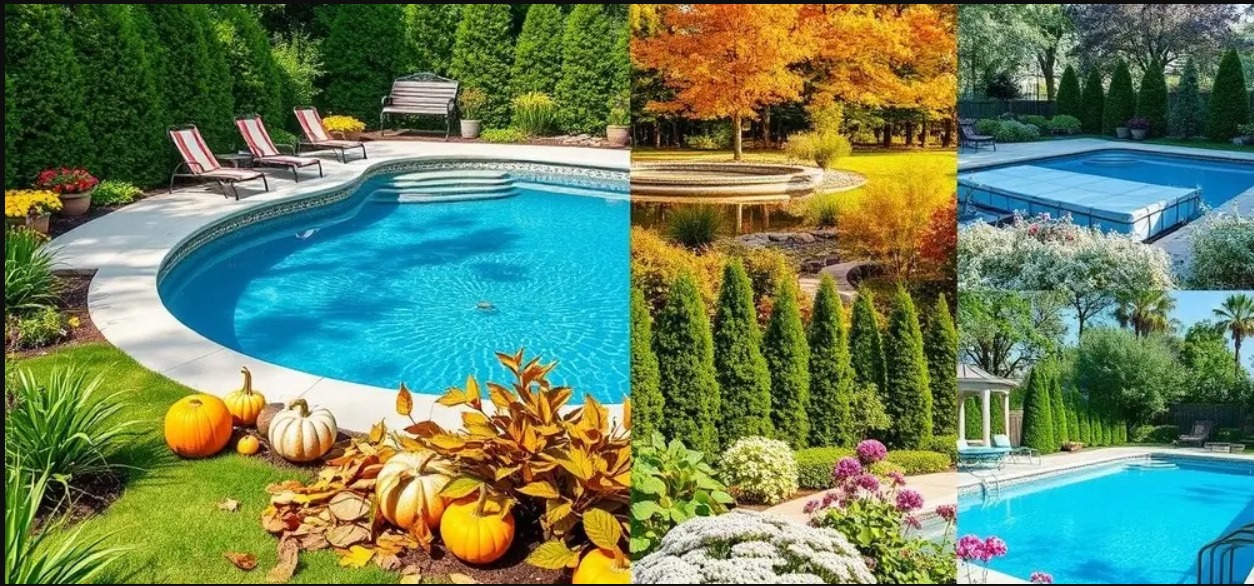 A swimming pool in different seasons, surrounded by lush greenery, autumn leaves, and blooming flowers, showcasing year-round backyard beauty