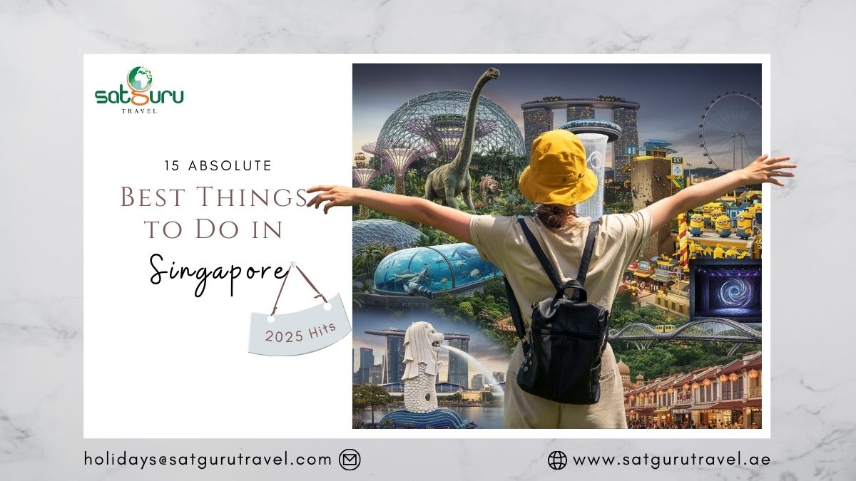 Woman celebrating Singapore travel with a collage of iconic attractions: Gardens by the Bay domes, Merlion, Marina Bay Sands, Jurassic World, Universal Studios Minions and Singapore flyer.