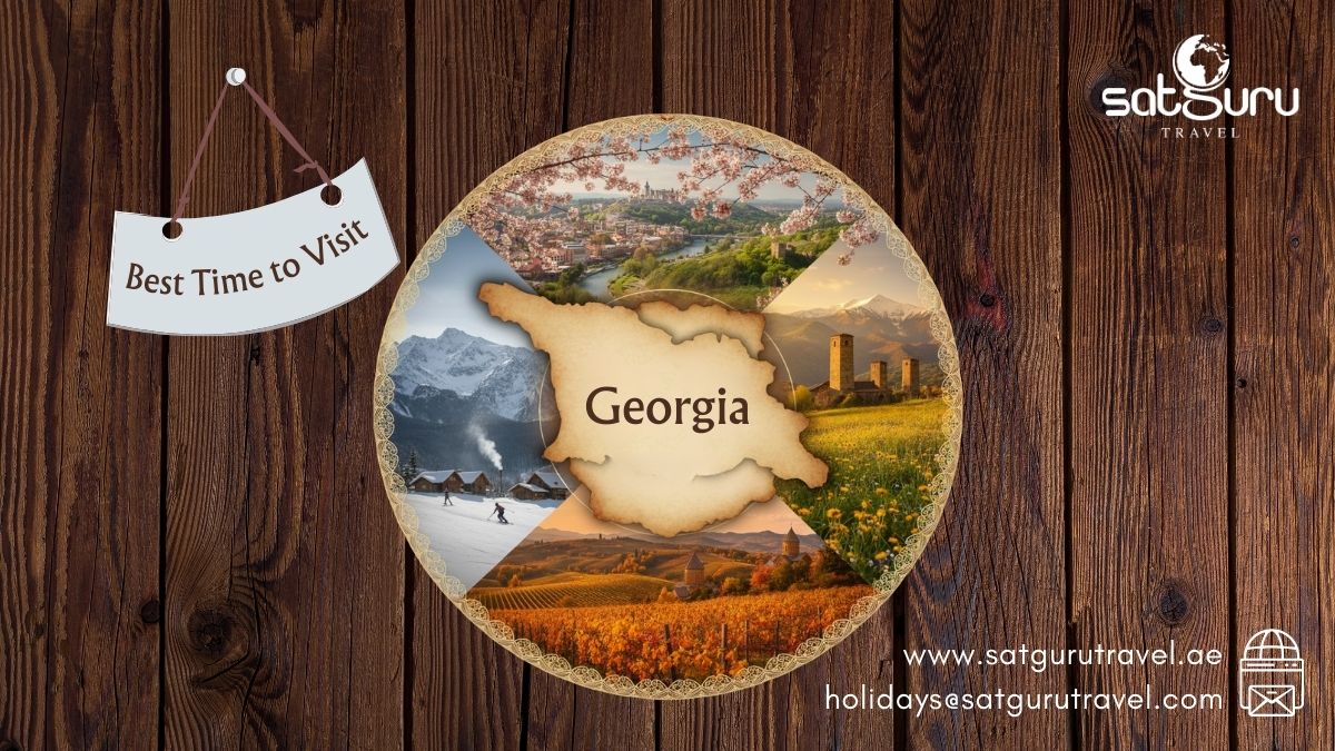 Seasonal guide to the best time to visit Georgia featuring a collage of spring blossoms in Tbilisi, summer mountains in Svaneti, autumn vineyards in Kakheti, and winter skiing in Gudauri.