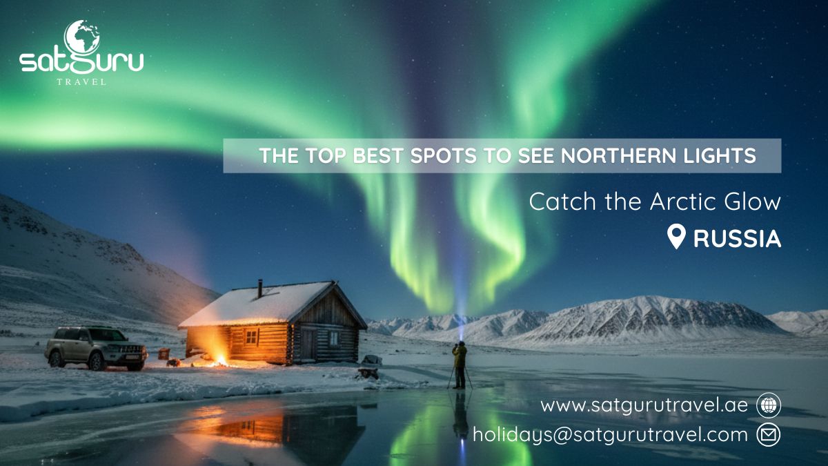 Northern Lights (Aurora Borealis) glowing green over a snowy landscape in Russia.
