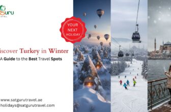 Satguru Travel guide to Turkey in winter featuring snow-covered Cappadocia with hot air balloons, skiing at Uludağ or Erciyes mountain resorts, and a couple viewing the Hagia Sophia mosque in Istanbul during winter.