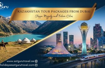 Kazakhstan Tour Packages from Dubai promoting the contrast between the Steppe landscape (lakes, yurts, mountains) and the modern architecture of Astana (Bayterek Tower, fast train).
