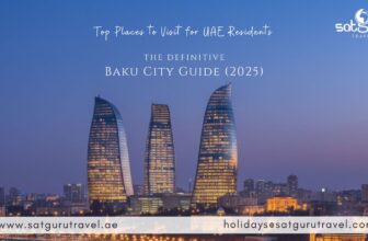 A panoramic view of Baku, Azerbaijan, featuring the Flame Towers and Icherisheher for the 2025 city guide for UAE residents.