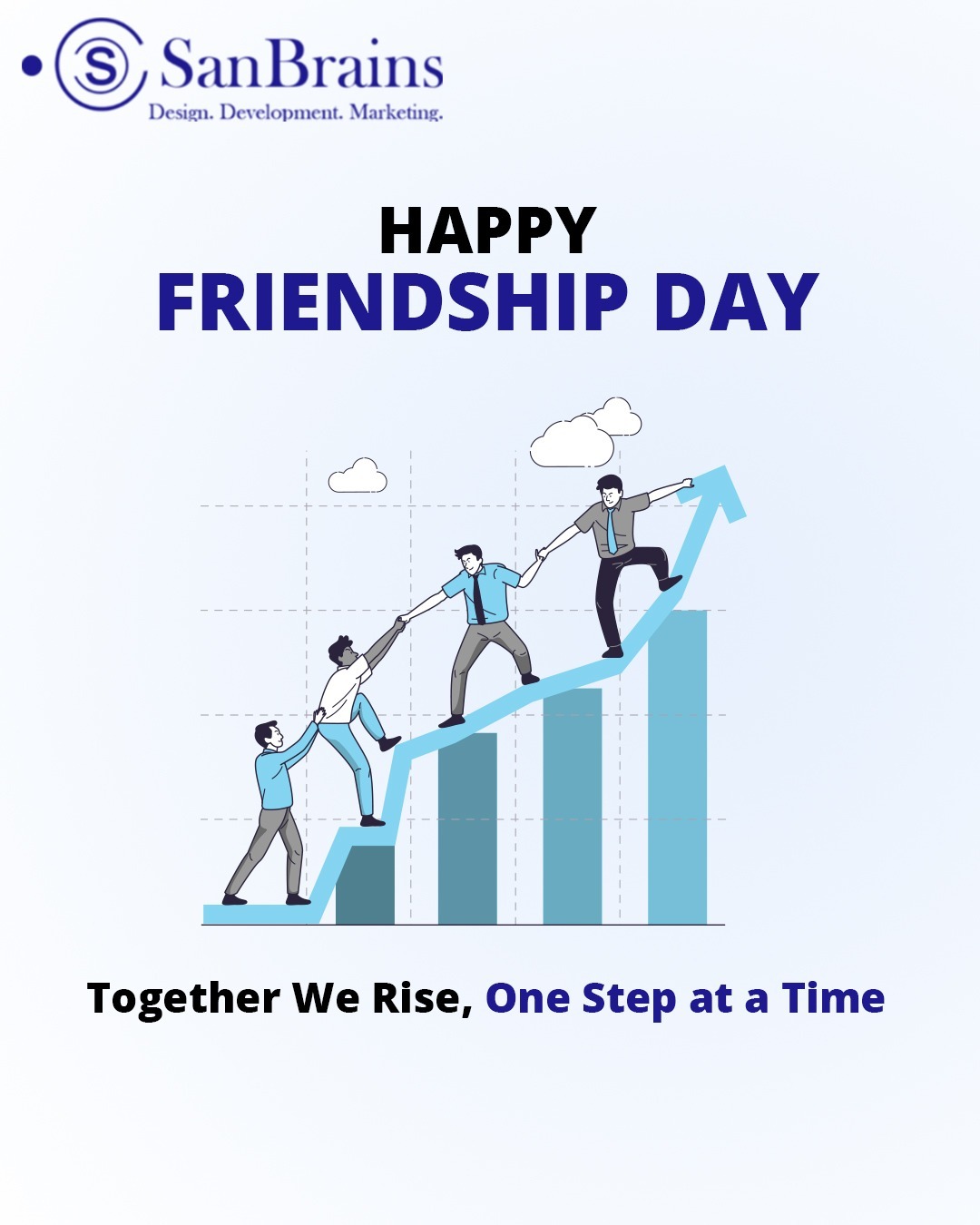 Illustration with SanBrains logo and the message “Happy Friendship Day,” showing four professionals helping each other climb an upward growth chart with an arrow, symbolizing teamwork, friendship, and collective success, with the caption “Together We Rise, One Step at a Time" https://www.sanbrains.agency/best-digital-marketing-agency-in-hyderabad/ https://www.sanbrains.agency/best-digital-marketing-services-in-hyderabad/ https://www.sanbrains.agency/ppc-management-services-in-hyderabad/
