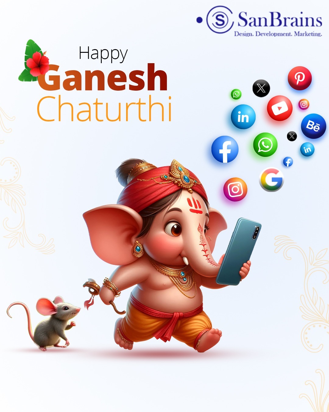 Creative Ganesh Chaturthi illustration by SanBrains showing Lord Ganesha as a cute animated character holding a smartphone, with a mouse companion and floating social media icons, symbolizing digital marketing and online connectivity celebration.