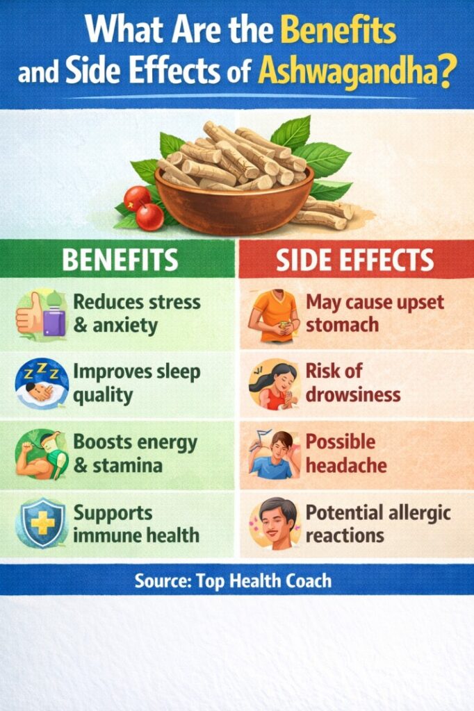 Ashwagandha benefits and side effects infographic