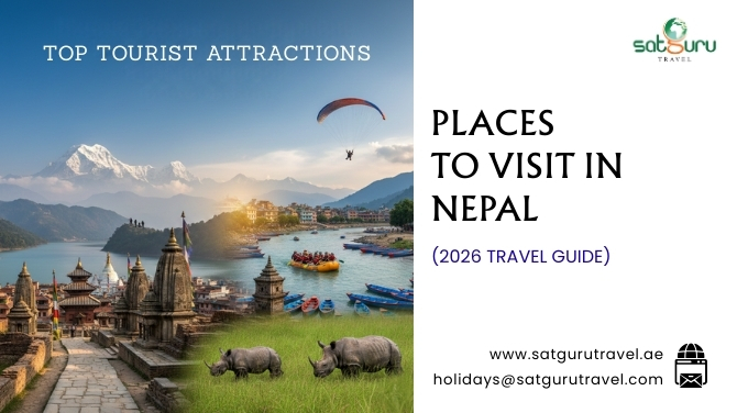 Top tourist attractions in Nepal 2026: Kathmandu temples, Pokhara paragliding, and Chitwan wildlife by Satguru Travel.
