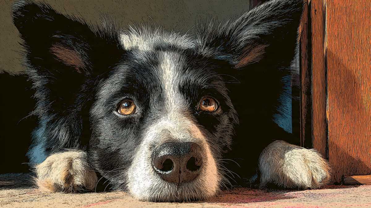 Artistic close-up portrait of a black-and-white Border Collie lying on the floor, head resting between paws, peeking around a wooden door frame with big amber eyes and fluffy perked ears, looking curious and attentive in a warm indoor setting.
