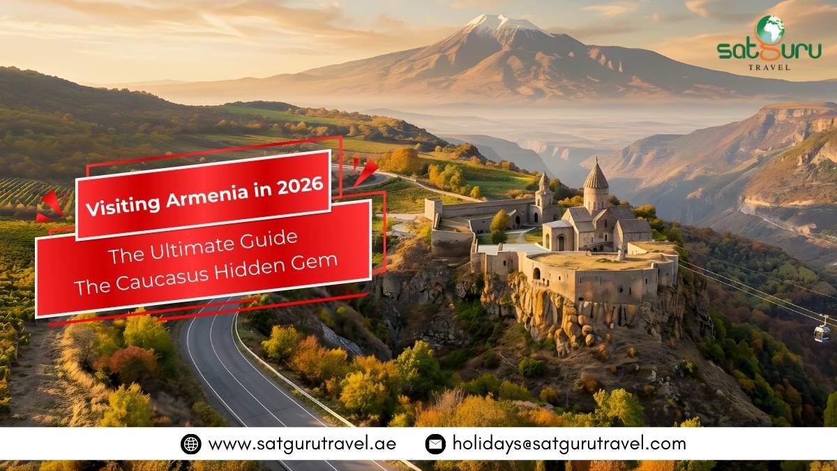 Armenia travel guide 2026: Monastery on a cliff with Mount Ararat. Ultimate Caucasus guide by Satguru Travel.