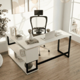 Wooden Twist L-Shaped Executive Office Desk Laminated Top with Steel Base and 2 Racks